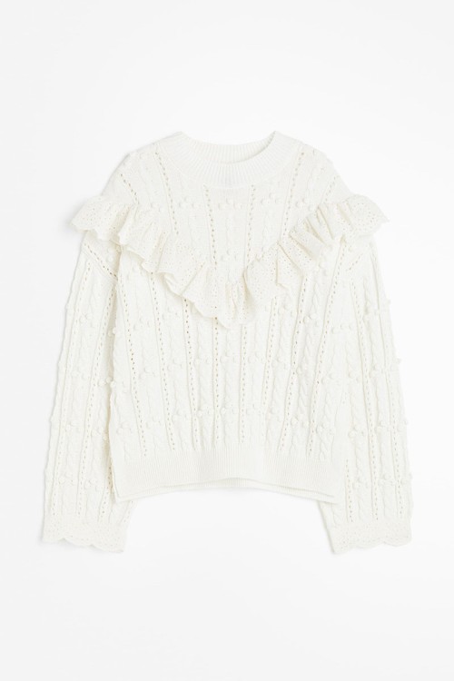 Ruffle-trimmed Textured-knit Sweater